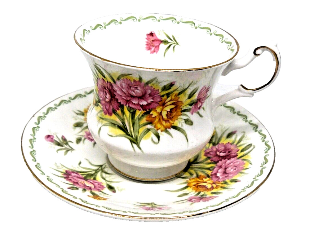 Vtg Queens Rosina China Co January Tea Cup & Saucer Special Flowers Carnation